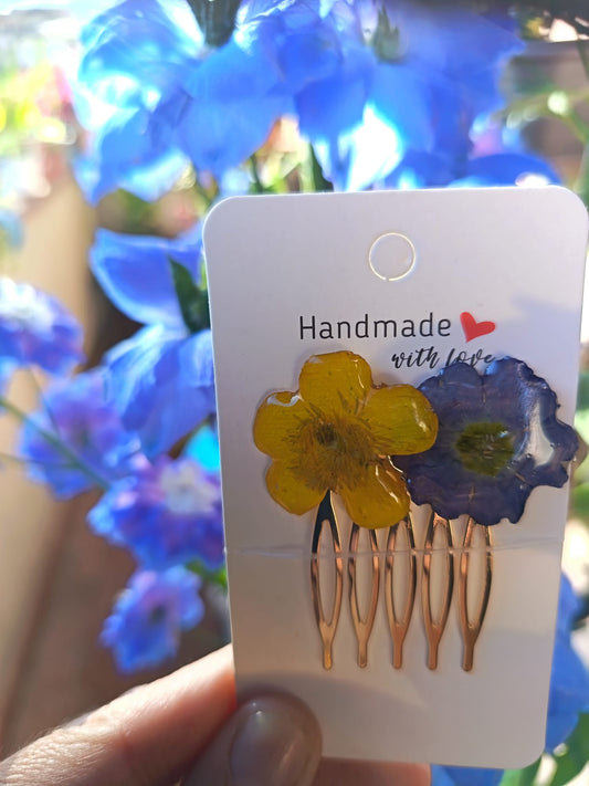 Pettinino per Capelli Fiori in Resina – Giallo e Viola