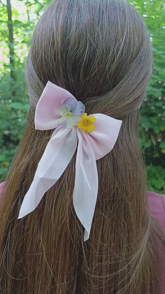 Fiocco stoffa Viola del pensiero e Ranuncolo| fiori veri| pezzo unico