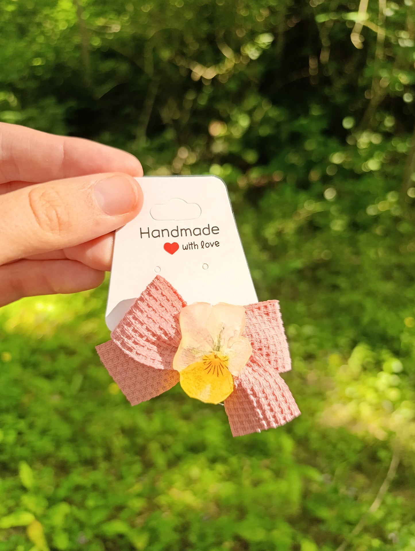 Fiocco clip Waffle rosa con Viola del pensiero Vera|pezzo unico