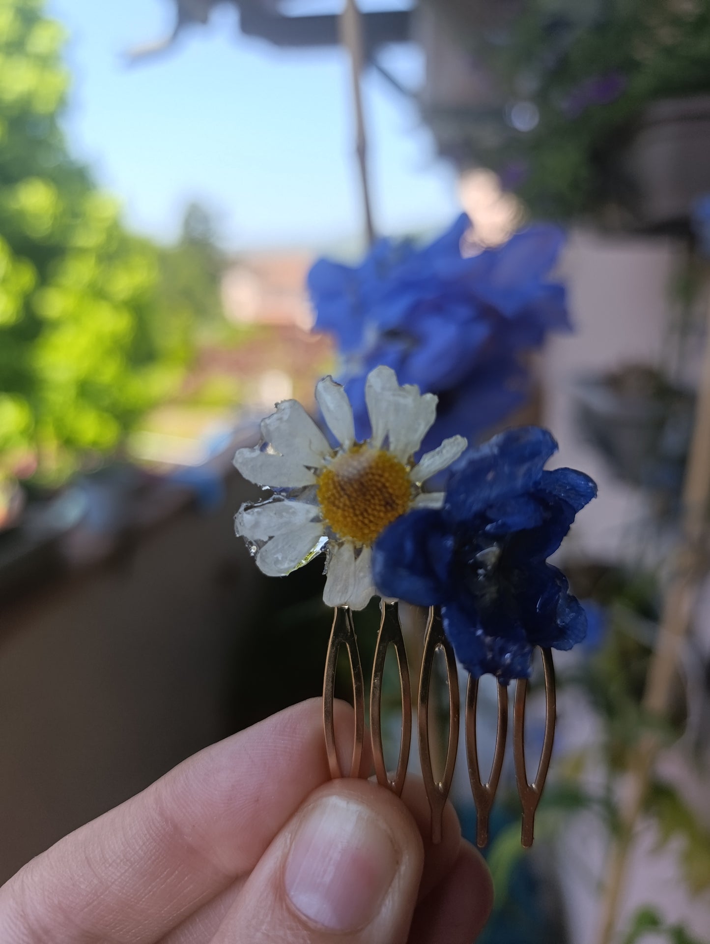 Pettinino Delphinium e Margherita|fiori veri| pezzo unico