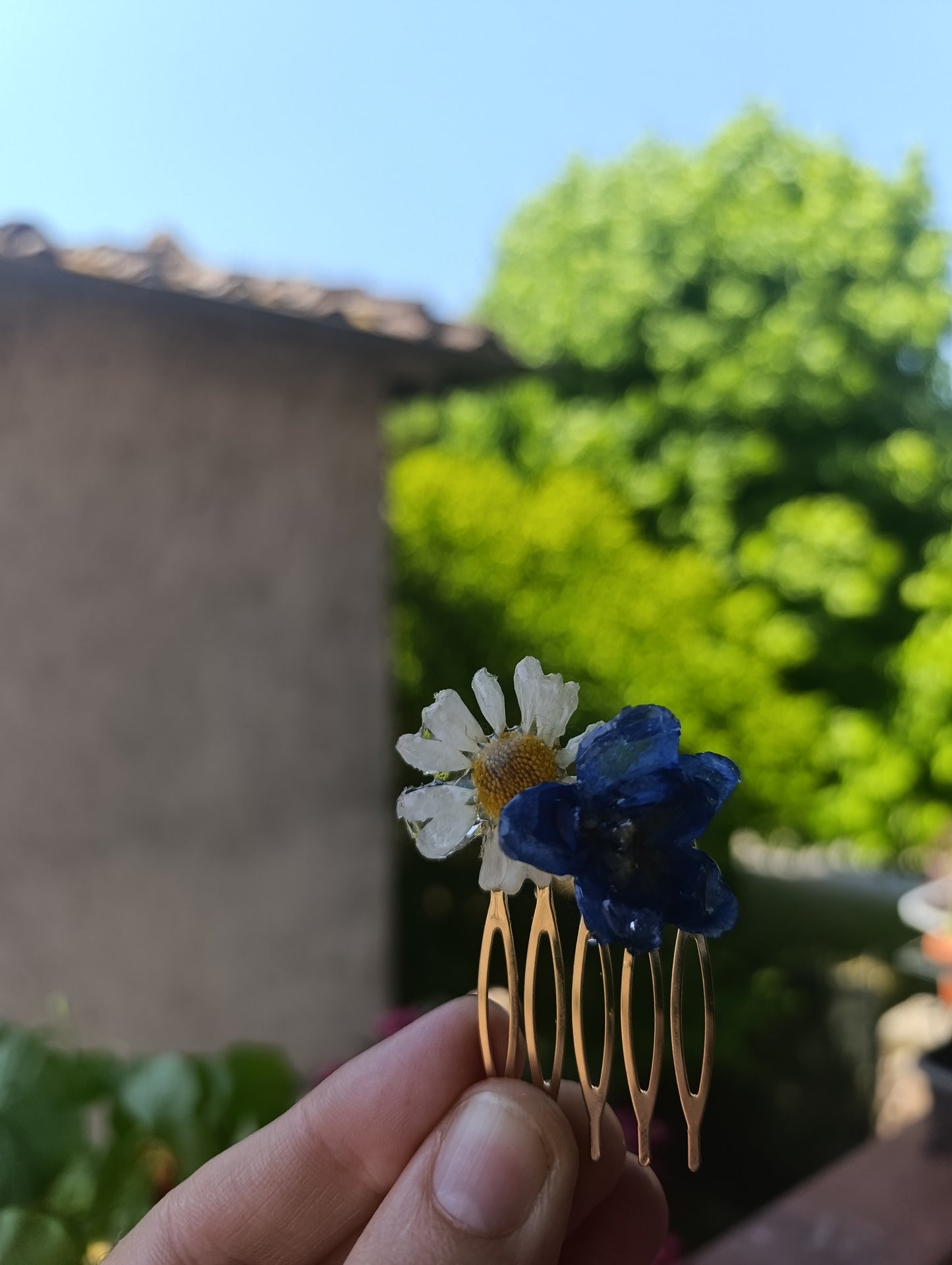 Pettinino Delphinium e Margherita|fiori veri| pezzo unico