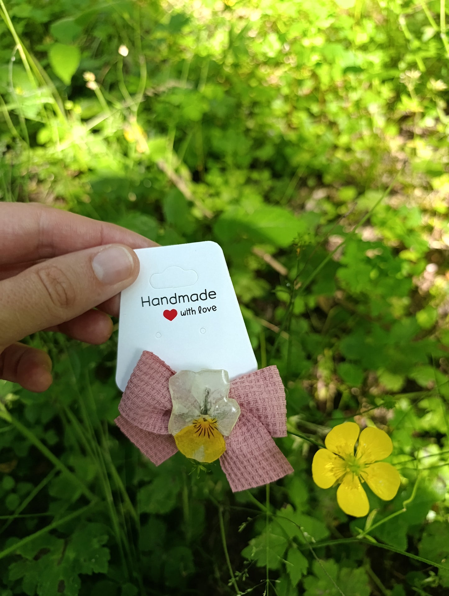 Fiocco clip Waffle rosa con Viola del pensiero Vera|pezzo unico