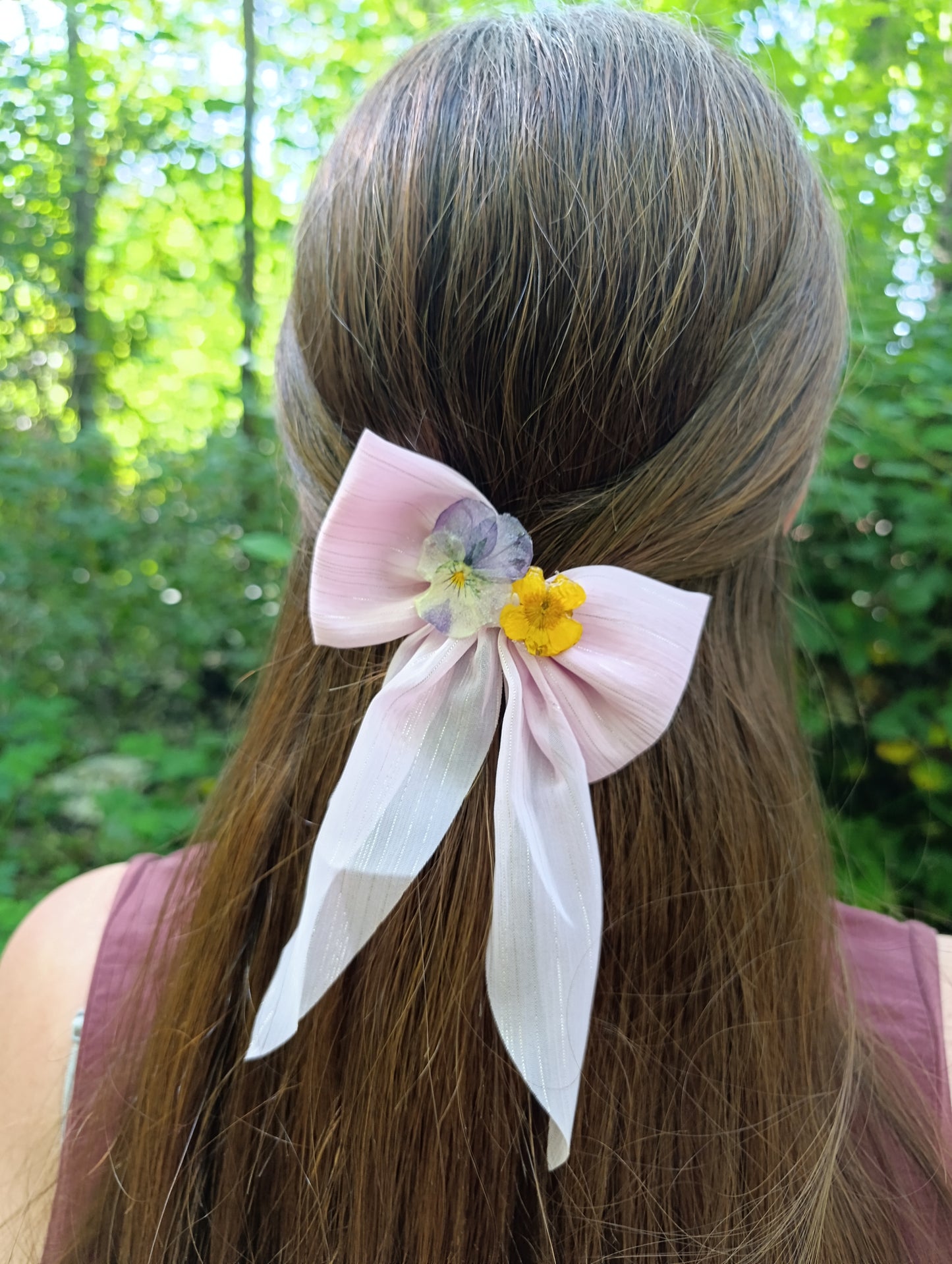 Fiocco stoffa Viola del pensiero e Ranuncolo| fiori veri| pezzo unico