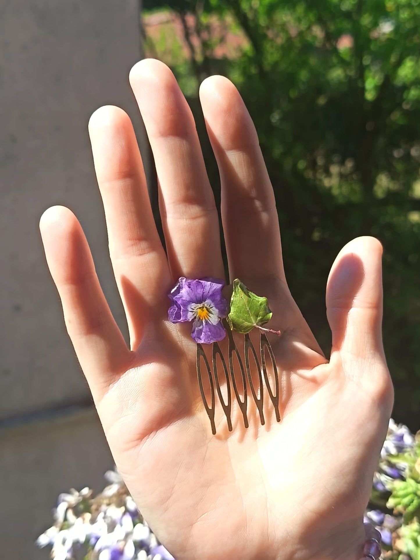 Pettinino Viola del pensiero ed edera|fiori Veri | pezzo unico
