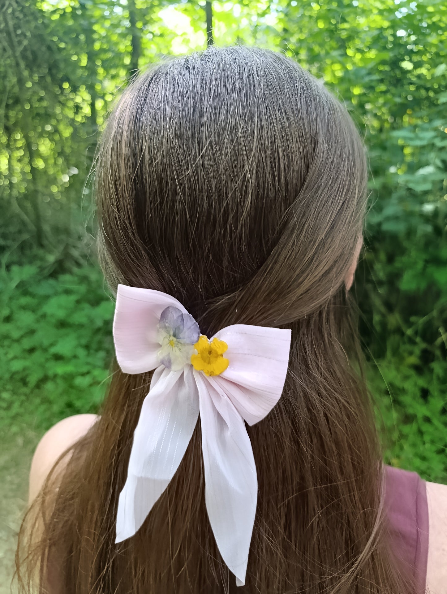 Fiocco stoffa Viola del pensiero e Ranuncolo| fiori veri| pezzo unico