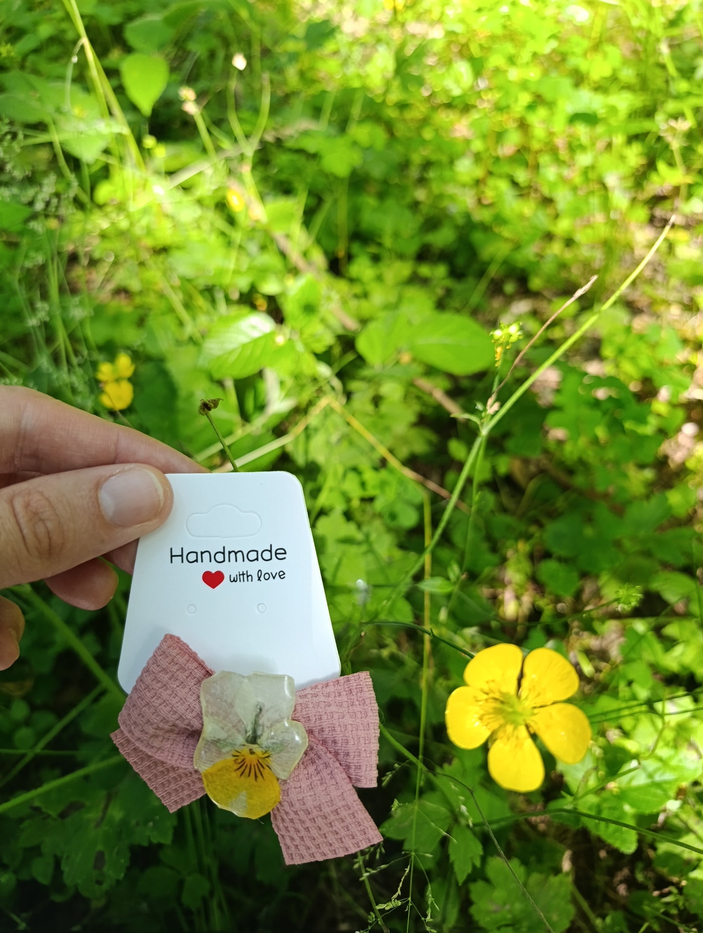 Fiocco clip Waffle rosa con Viola del pensiero Vera|pezzo unico