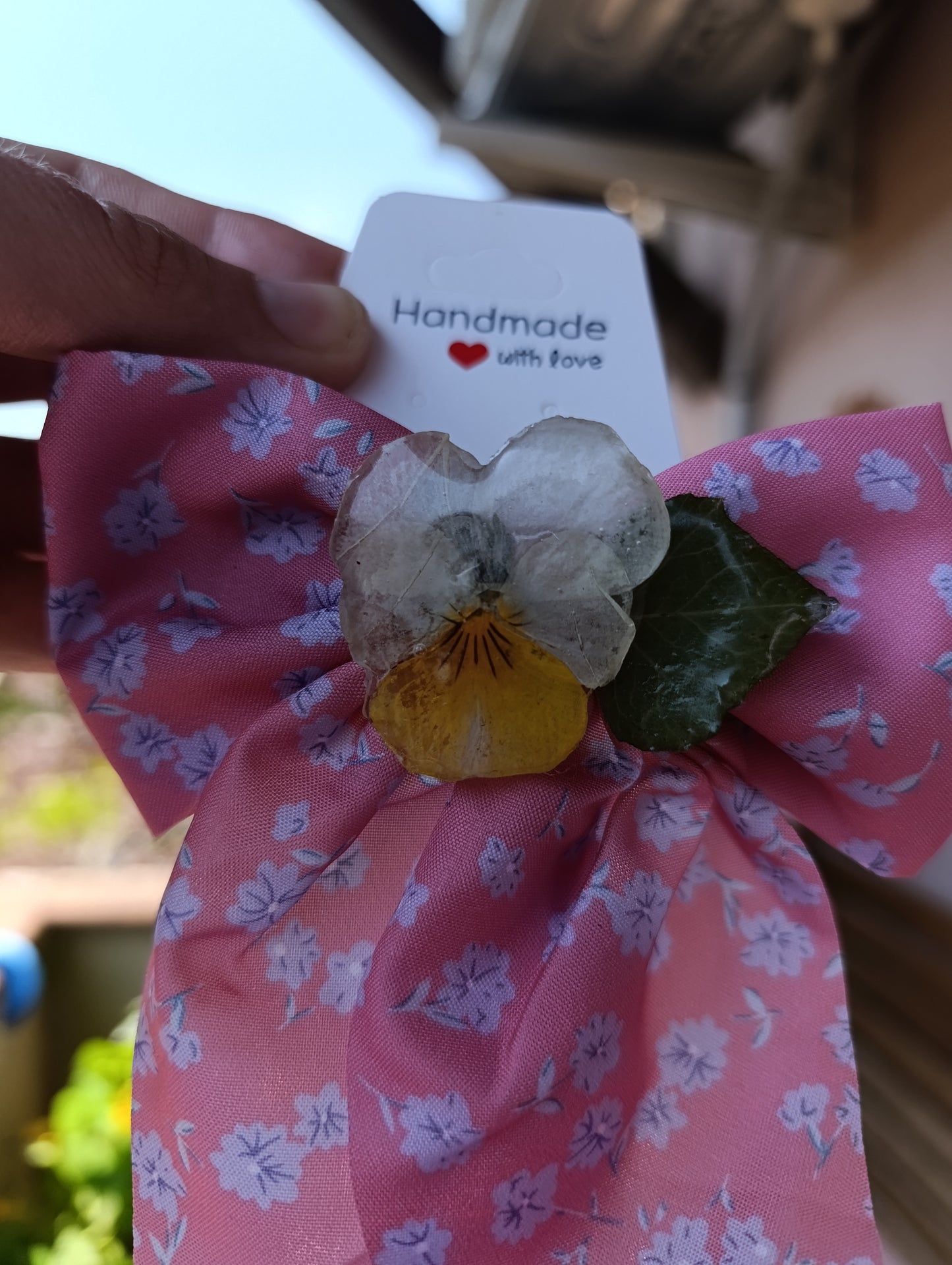 Fiocco clip Viola del pensiero Gialla ed Edera | fiori veri| pezzo unico