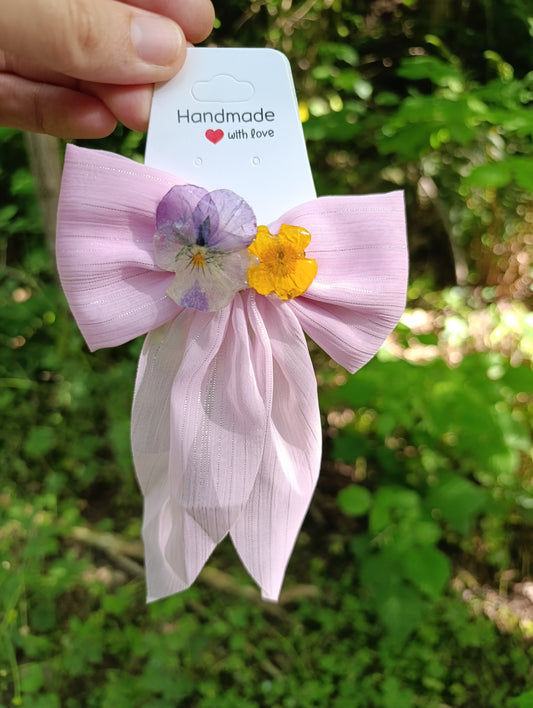 Fiocco stoffa Viola del pensiero e Ranuncolo| fiori veri| pezzo unico