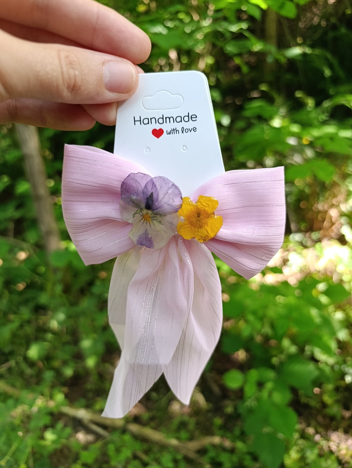 Fiocco stoffa Viola del pensiero e Ranuncolo| fiori veri| pezzo unico
