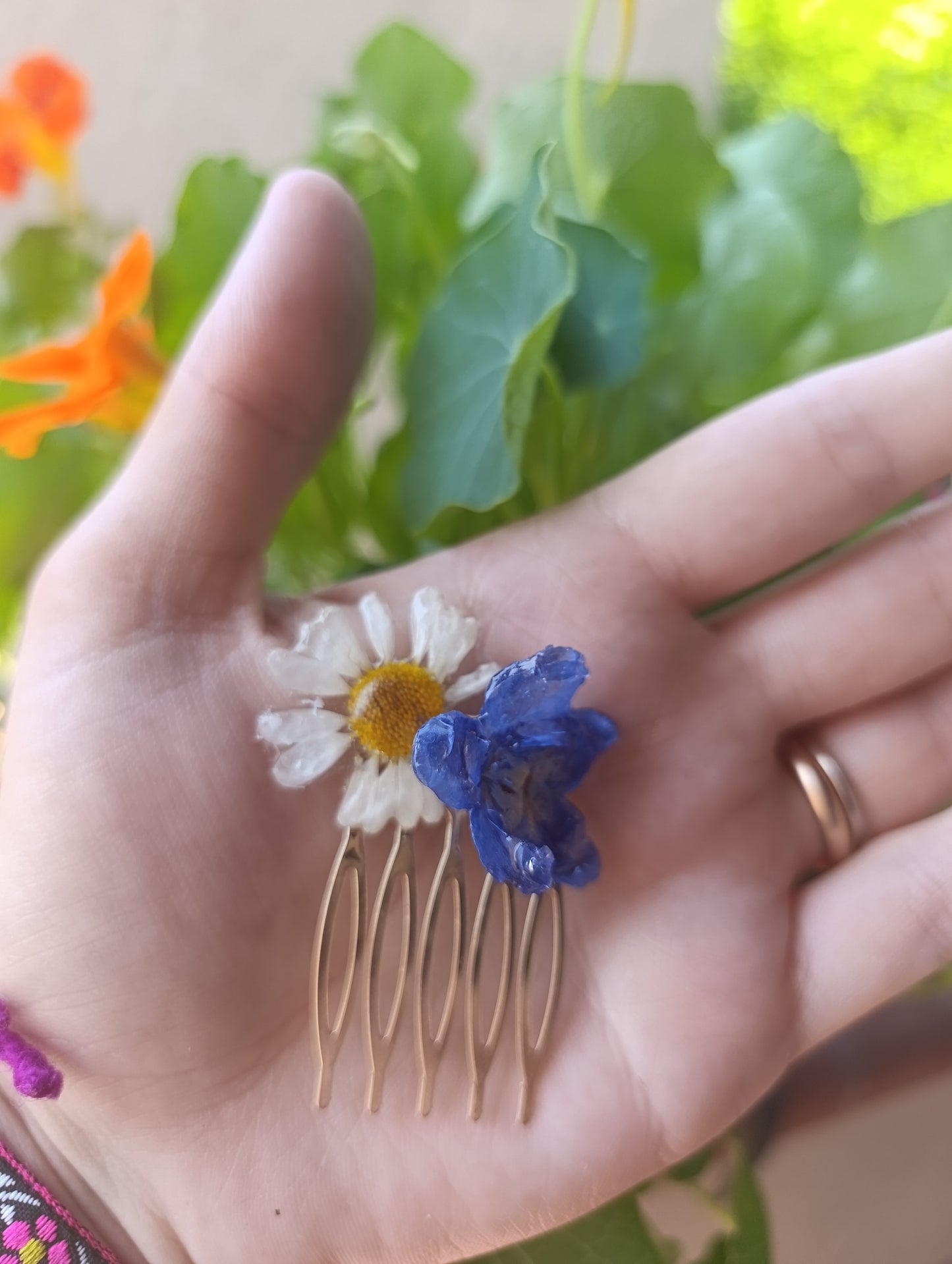 Pettinino Delphinium e Margherita|fiori veri| pezzo unico