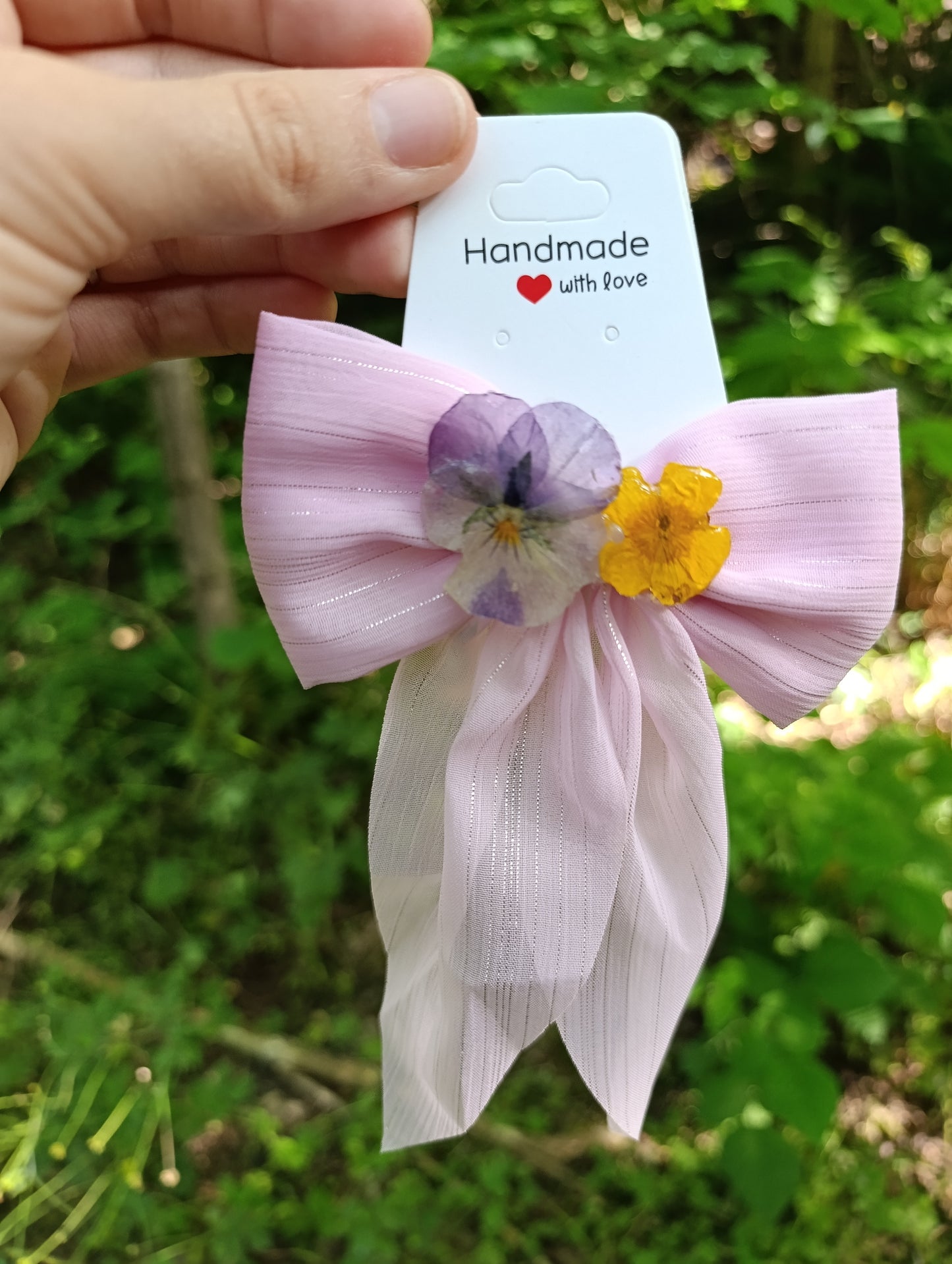 Fiocco stoffa Viola del pensiero e Ranuncolo| fiori veri| pezzo unico